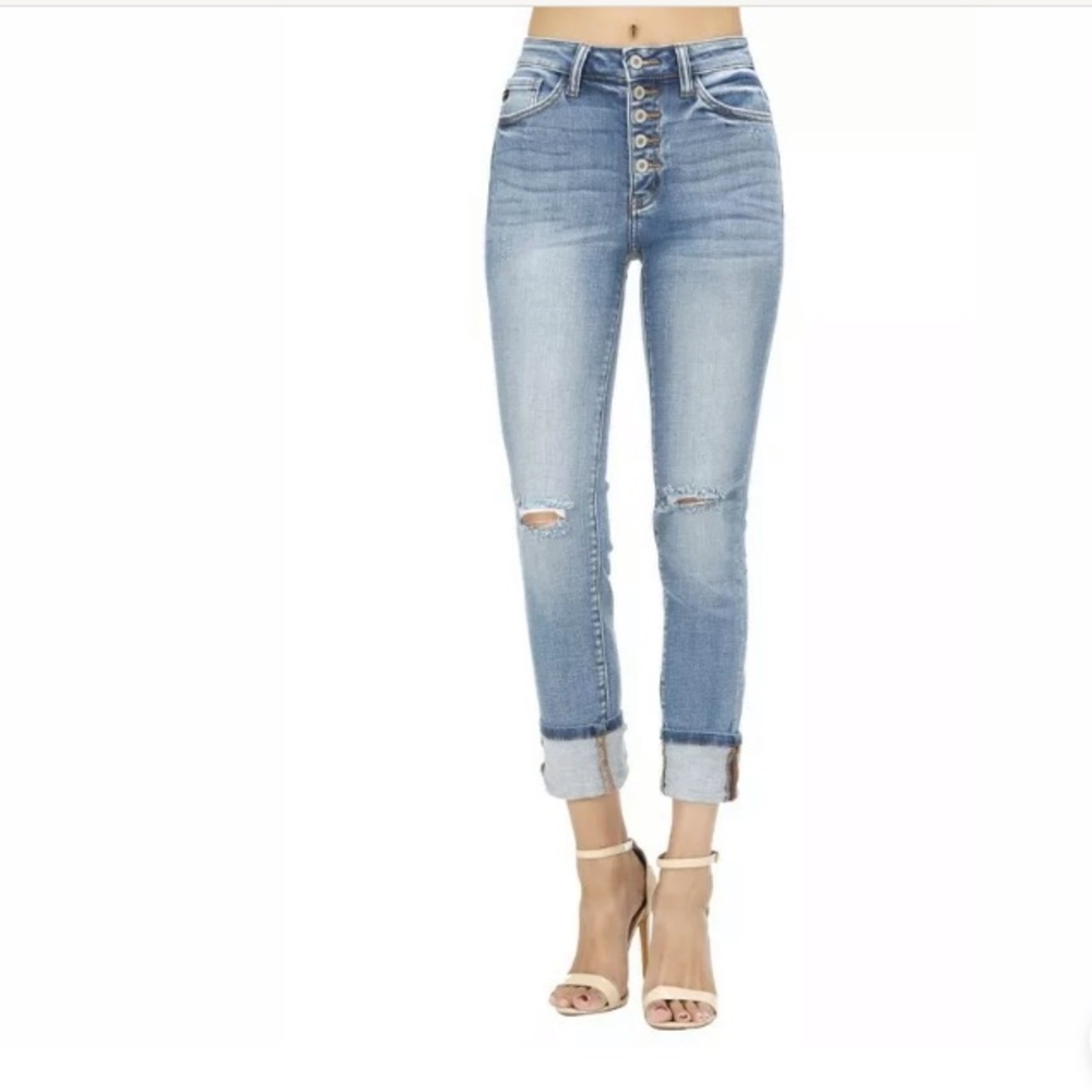 Vici Dolls High Rise Button Up Rolled Cuff Jeans